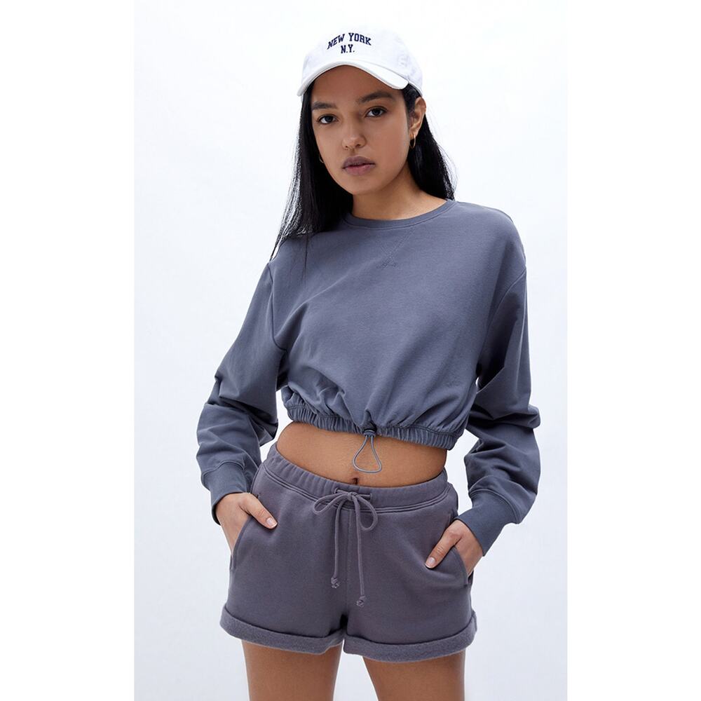 Pacsun Diana Soft Cinched Crew Neck Cropped Gray Sweatshirt Medium Nwot